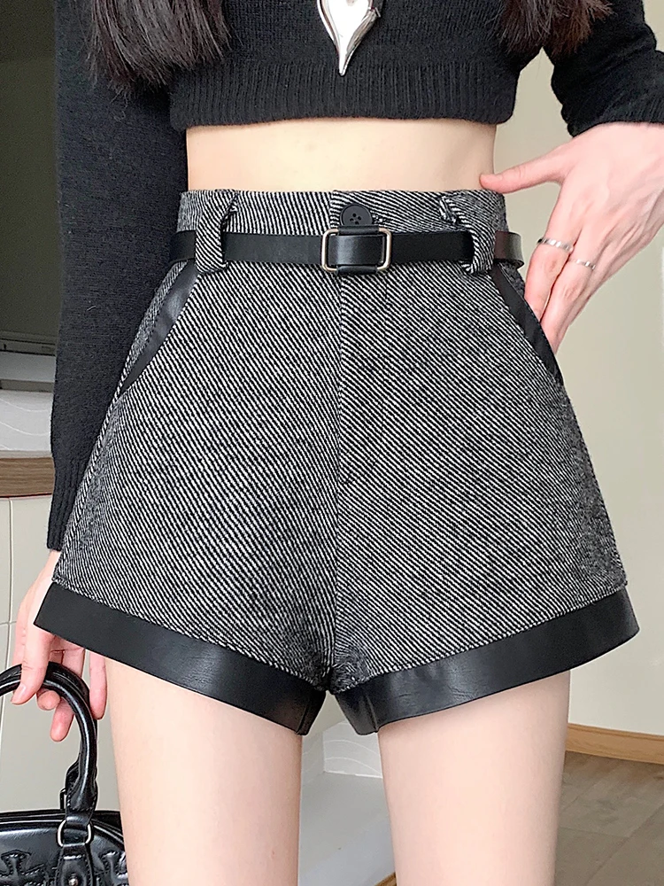 Twill patchwork PU-shorts hoge taille wijde pijpen shorts met riem Koreaanse mode losse casual elegante shorts vrouwelijk zwart koffie