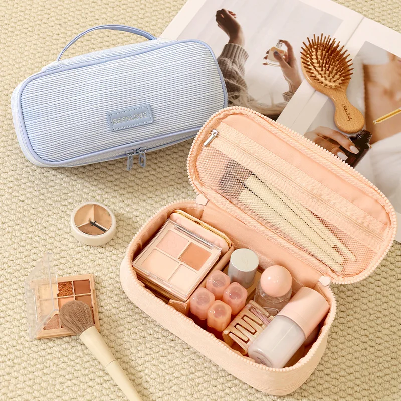Women Corduroy Travel Makeup Storage Bag Portable Zipper Cosmetic Bag with Handle Square Large Capacity Toiletry Wash Pouch