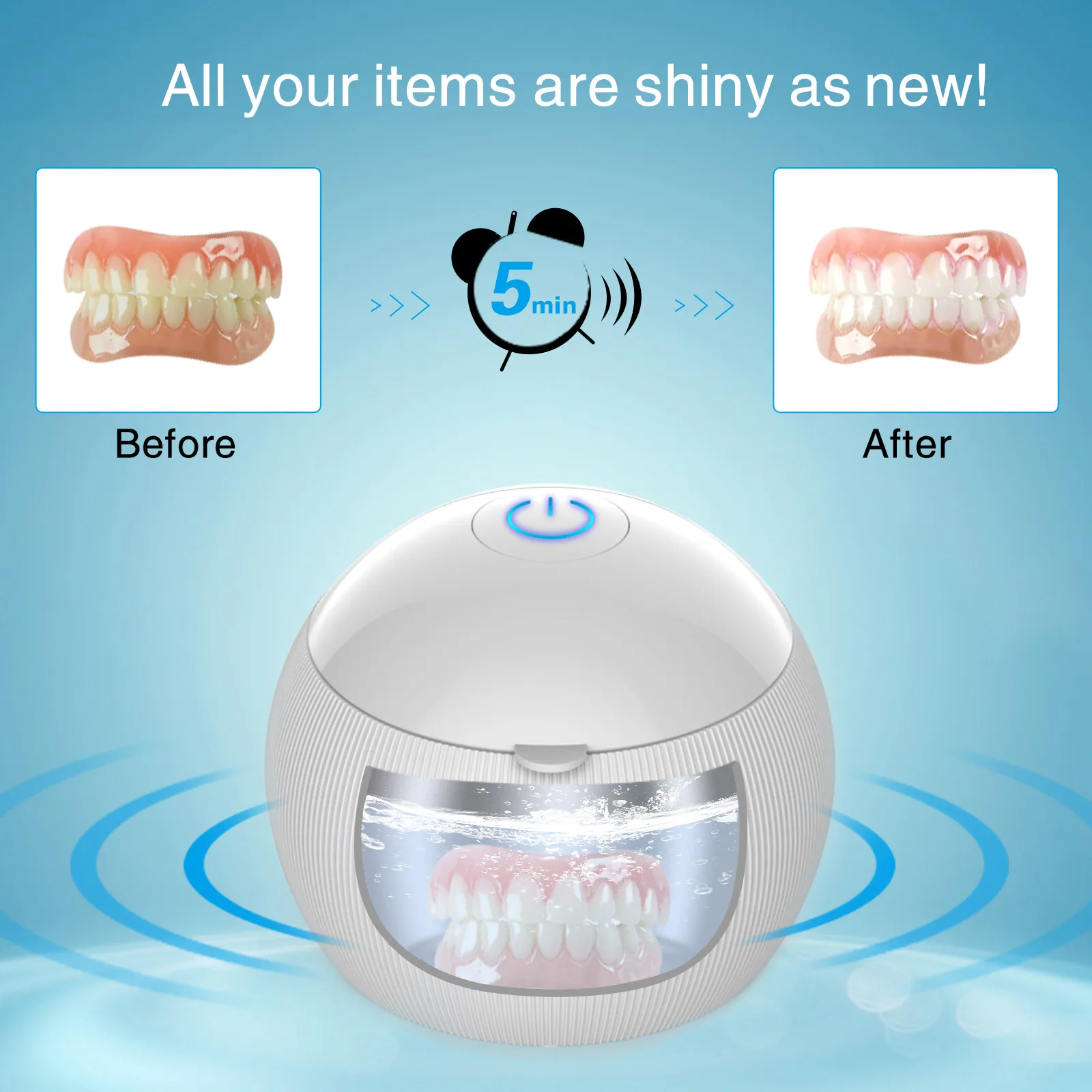 Ultrasonic Retainer Cleaner Denture Cleaning Machine for Dental Appliance Jewelry Ultra Sonic 42KHz 200ml Mouth Guard Clean Pod