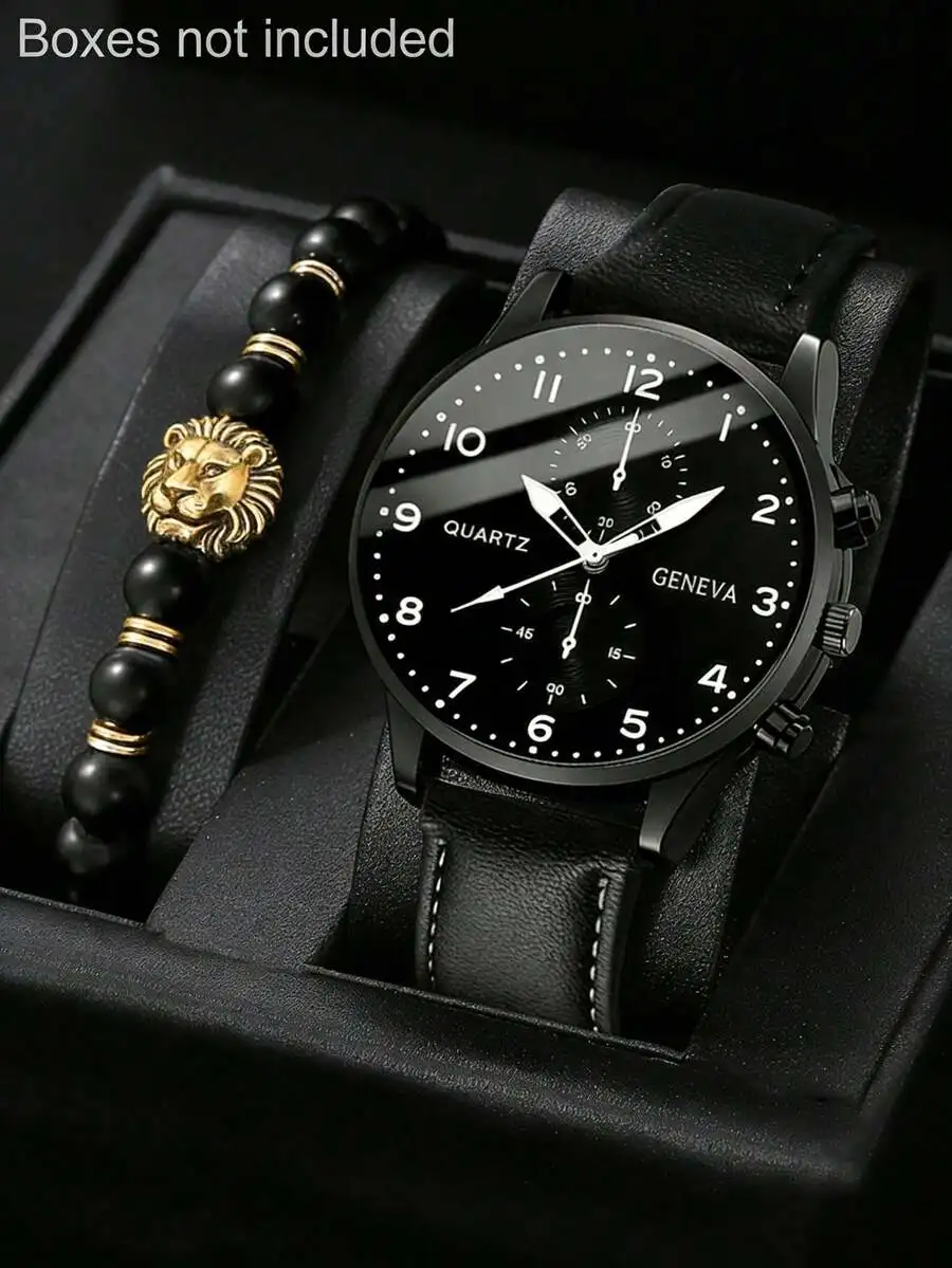 LIANDU LIANDU 1 Set Men's Fashion Casual Quartz Round Dial Watch And Lion Head Beaded Bracelet Jewelry Set, Suitable For Daily view 6
