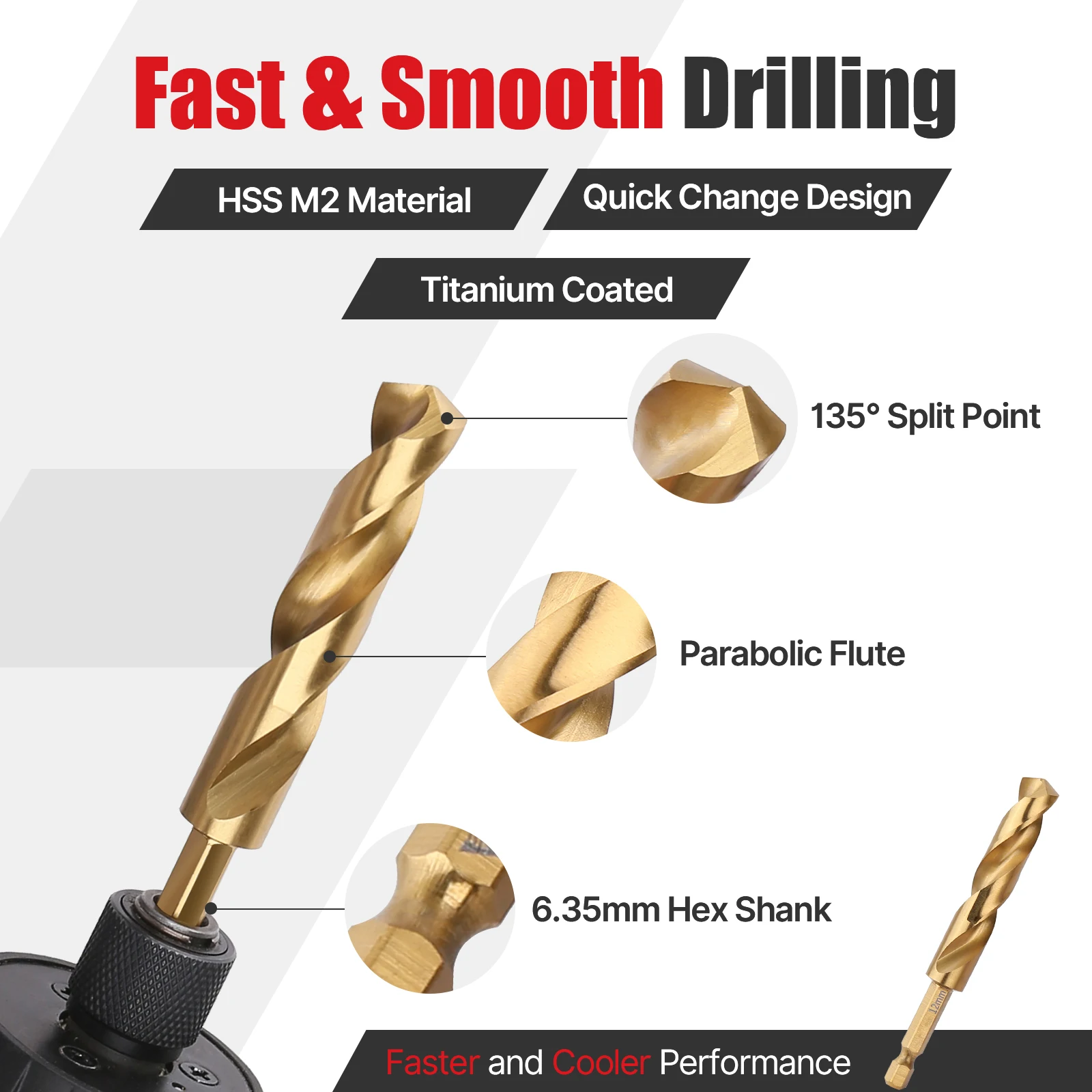 5PCS/Set 5/6/8/10/12mm HSS M2 Metric Titanium Coated Straight Shank Twist Drill Bit 100mm With 6.35mm Hex Shank For Wood Metal