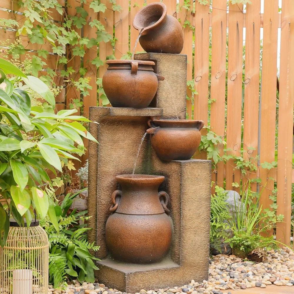 

53 H Large Outdoor Water Fountain with Lights, 4 Tiered Cascading Bowls Waterfall Fountain for Garden, Patio, Backyard