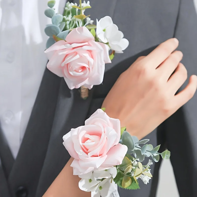 

2pcs Bohemian Rose Flower Corsage & Wristlet Set - Perfect for Brides, Groomsmen, and Wedding Decorations