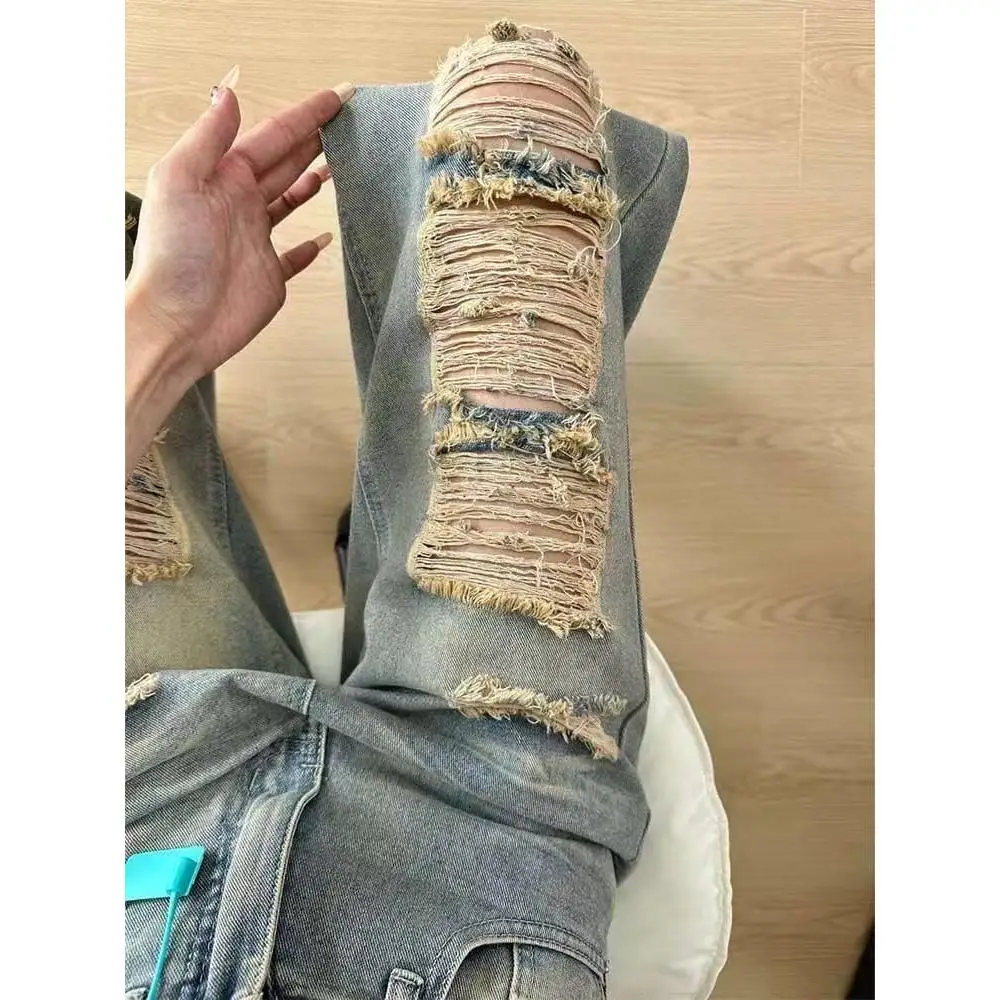 

New High Waist Distred Denim Jeans Women's Thin Ultra ular Waed Vintage Wide Leg Pants Street Sle Loose Fit