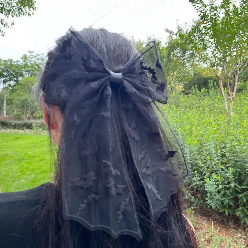 【JYS-7】مشابك شعر على شكل فيونكة سوداء مطرزة بالدانتيل من التول ودبابيس شعر على الطراز القوطي وإكسسوارات شعر تنكرية للهالوين المخيف