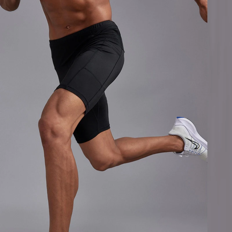 Herren-Kompressions-Marathon-Laufshorts mit Hüfttasche, schnell trocknend, für Training, Fitness, Sport, enge Shorts – Detail 5