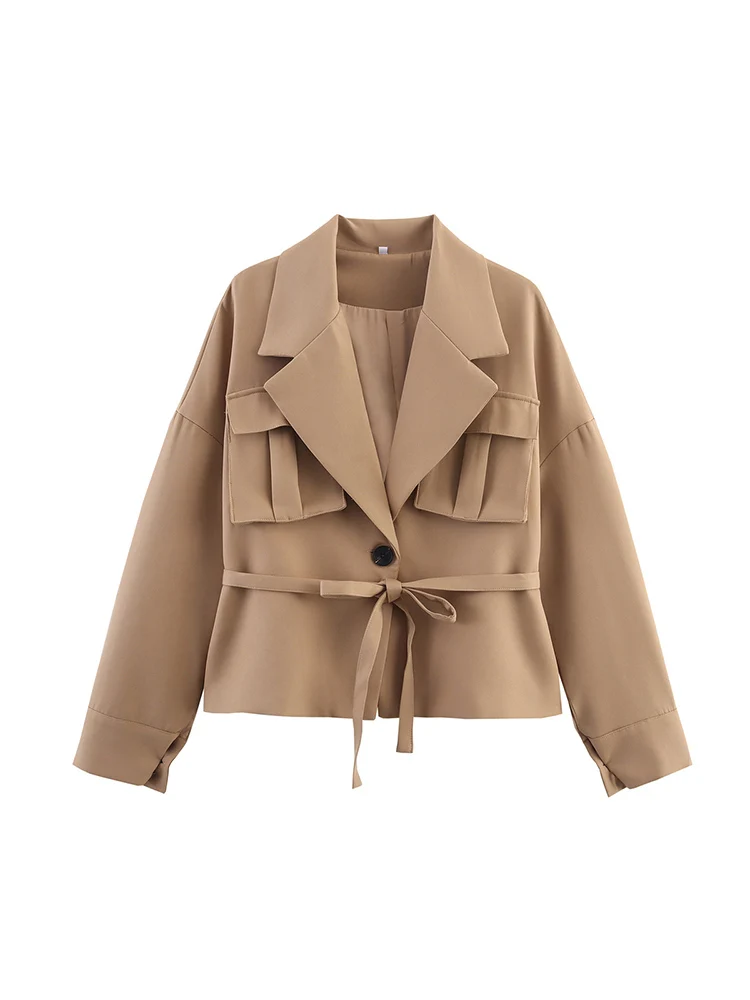 

Новая женская мода в европейском стиле, универсальная однотонная однотонная куртка с трехмерным карманным поясом, украшенная поясом