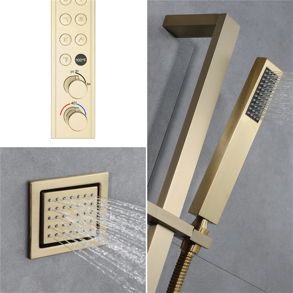 Polished Brass Temperature Display Button Control Thermostatic Shower Faucet Set Slide Bar LED Music Shower Jet Rain Massage