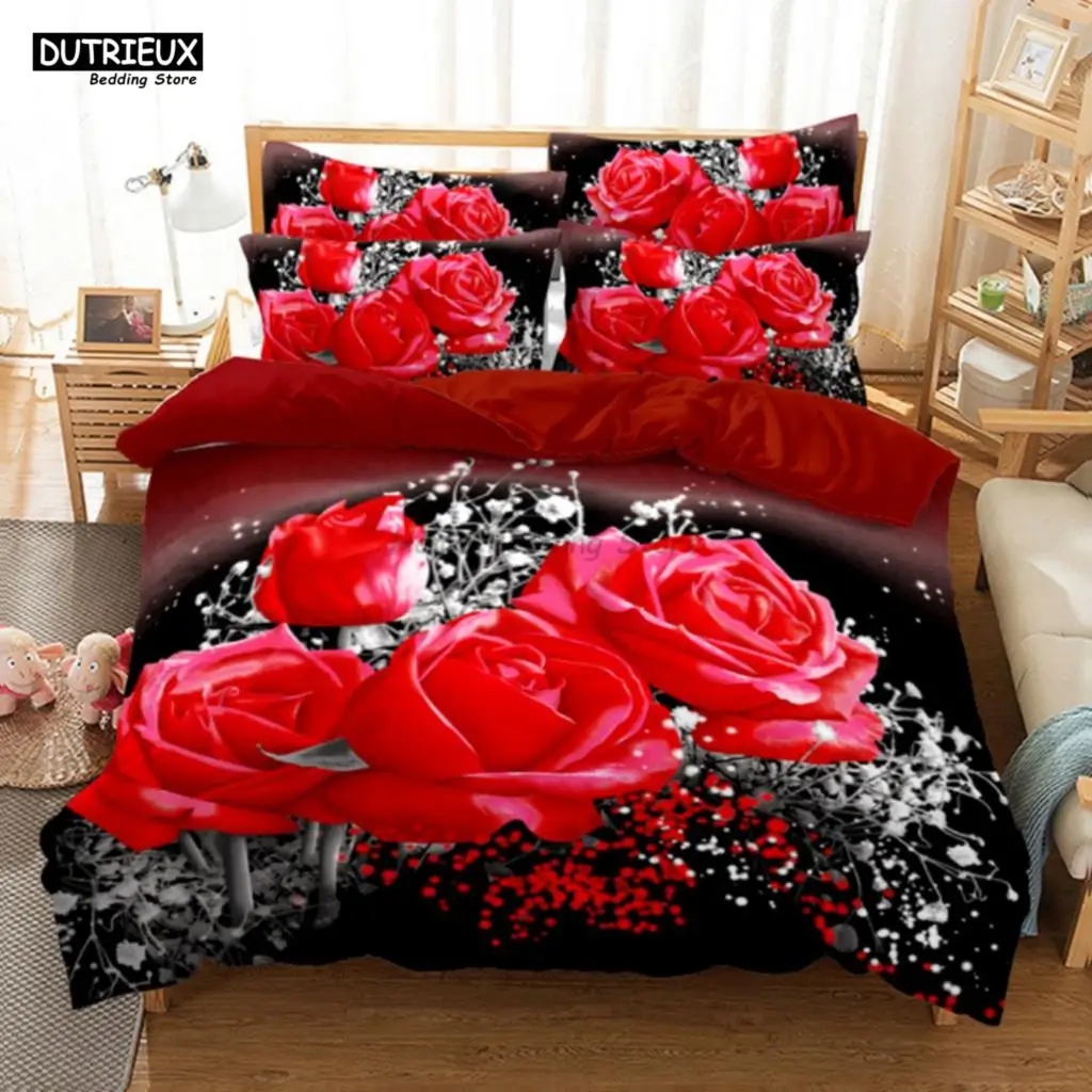 

Red Rose Flowers Bedding Set Fashion Bed Linen Gift For Women Girls Twin Single Queen King Full Size Polyester Duvet Cover Sets