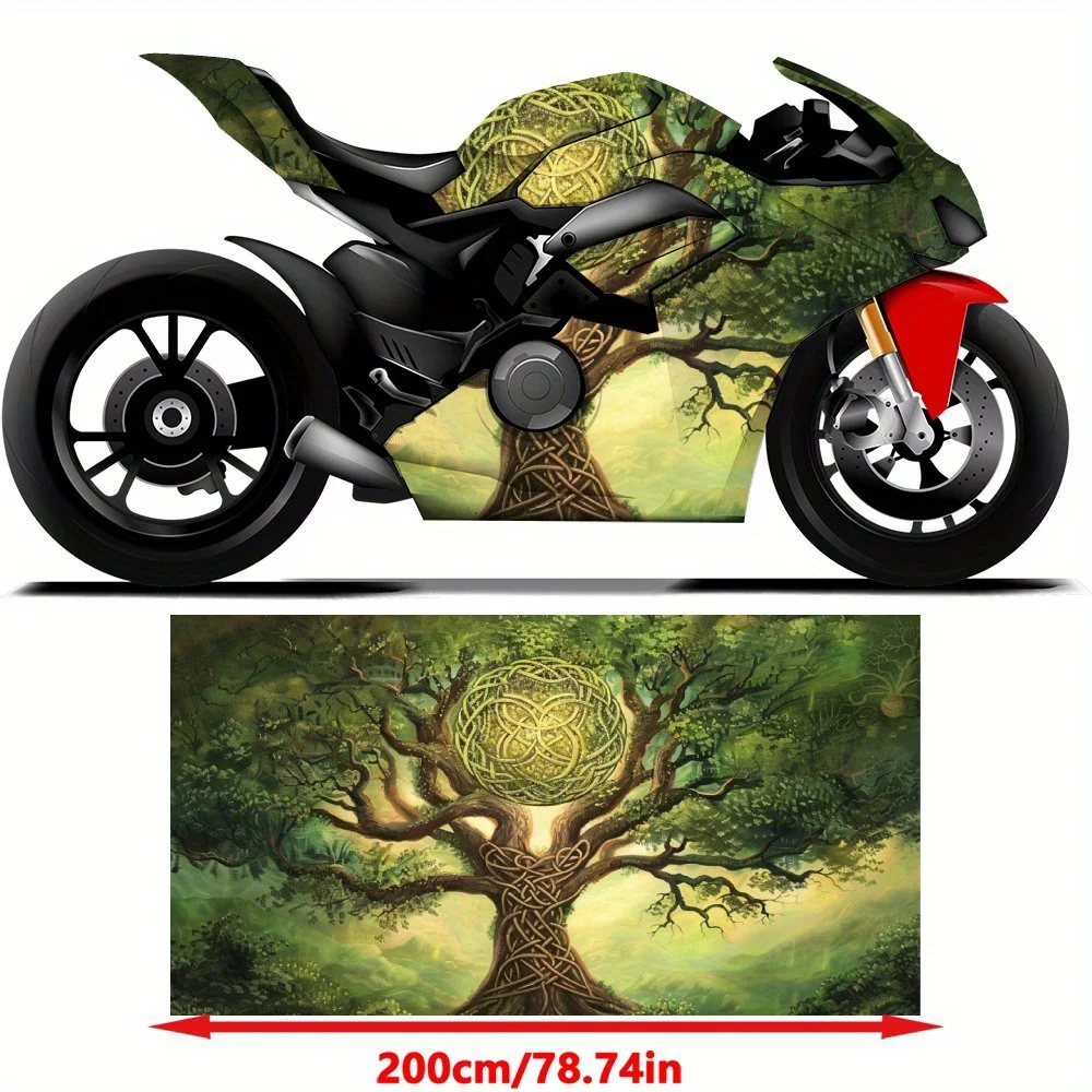 Magic Art Green Tree PVC Motorcycle Vinyl Wrap, Self-Adhesive Waterproof Sticker, Anti-Scratch Decorative Film for Bike Body, DI
