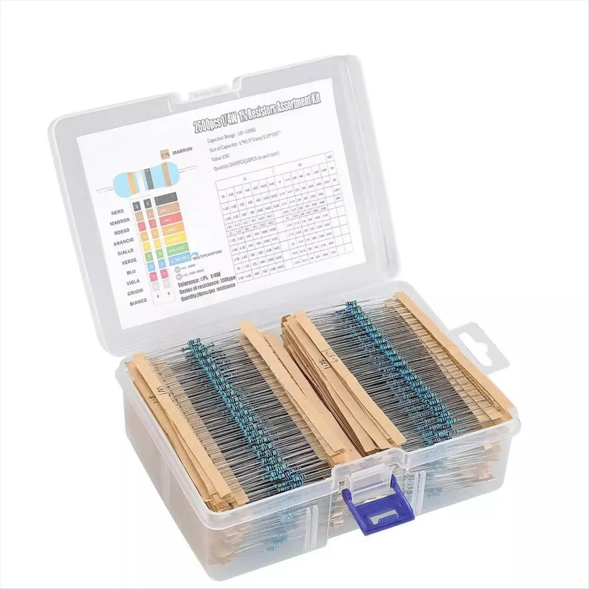 A59E 2600Pcs 130 Values Resistors Assortment Kit 1 Ohm- Ohm 0.25W 1/4W Metal Film Resistor Kit for Electronic Circuit DIY