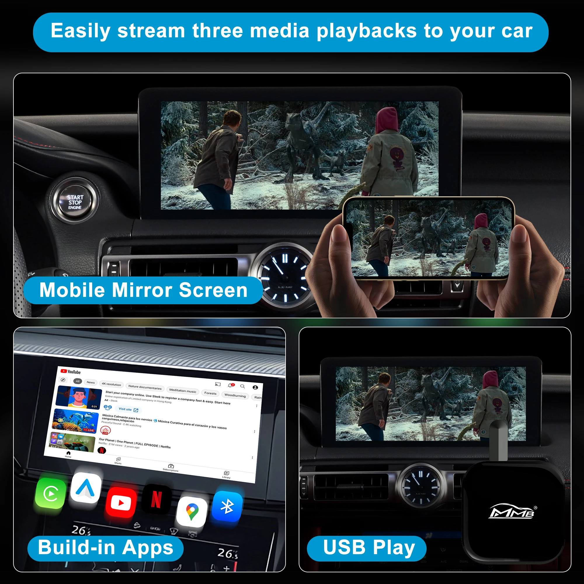 MMB CarPlay Ai TV Box Andriod 11.0 Wireless CarPlay Netflix&Youtube Android Auto Adapter Car Multimedia Video Player 4G+16G HDMI