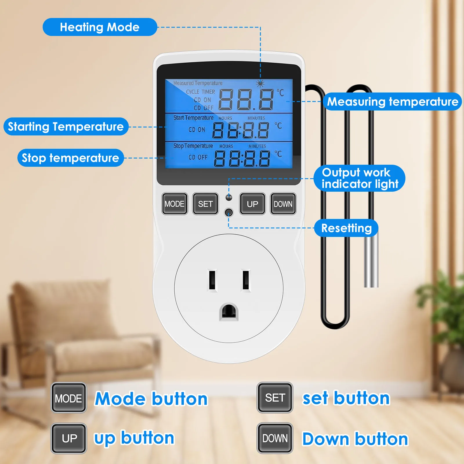 Enchufe controlador de temperatura Digital, termostato con temporizador, pantalla LCD, 1800W, 15A/120V