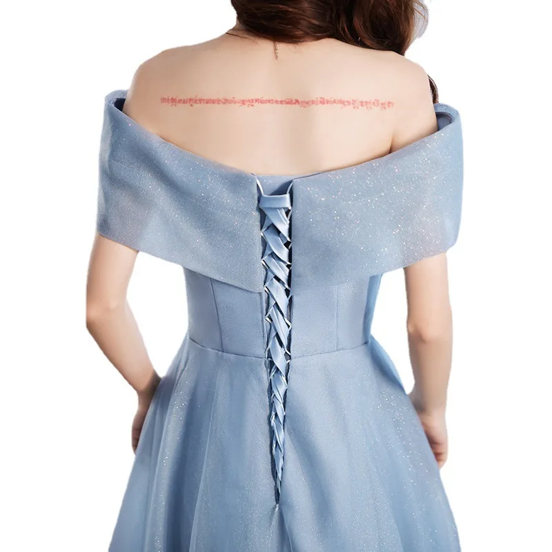 Vestido de noche azul con hombros descubiertos para mujer, vestido largo con lazo de temperamento para banquete, vestido de graduación de celebridades de lujo ligero francés