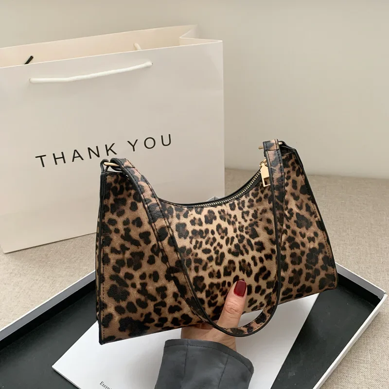 French Underarm Tote Bags for Women's Brown Leopard Handbag Clutch Bags Female Vintage PU Leather Shoulder Bags Versatile Casual