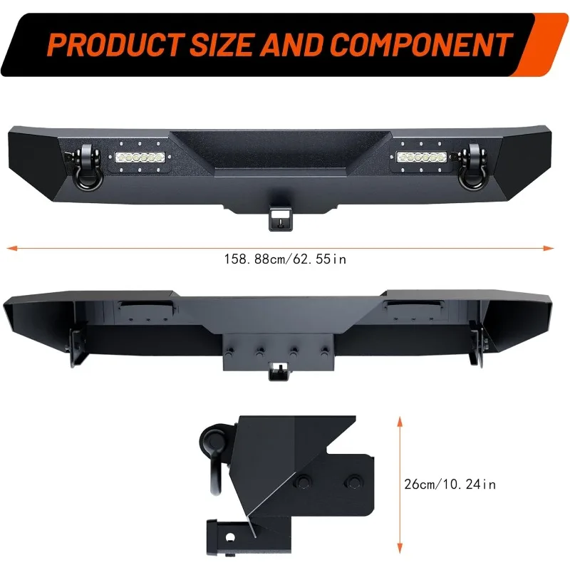 Tylny zderzak kompatybilny z Wrangler JL i Unlimited JLU, Rock Crawler Off Road Pełnowymiarowy zderzak z 2 światłami LED i 2 pierścieniami D