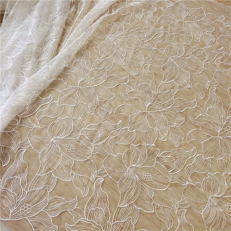 Off White Tulle / Net Flower Embroidery French Bridal Wedding Dress Lace fabric DIY Sewing Fabric Designer Fabric By The Yard