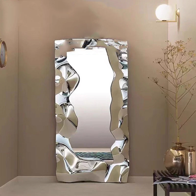 Wavy Standing Mirror Decoration Full Body Aesthetic Girls Long Makeup Mirror Korean Style Bedroom Espelhos Home Decorations