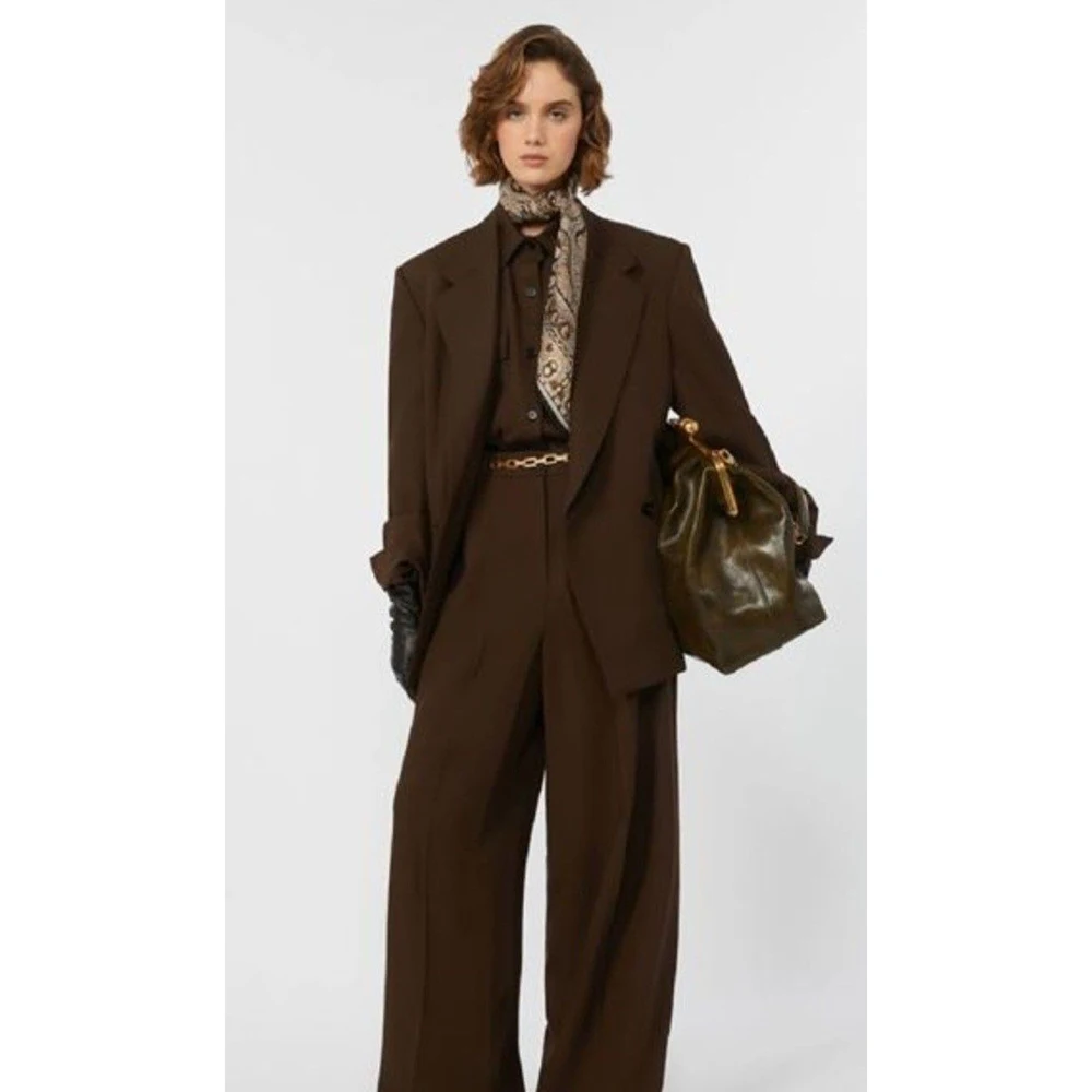 Oversized Brown Single-Breasted Notch Lapel Blazer & Wide-Leg Pants Set Women's Elegant Office Formal Suit with Scarf Belt