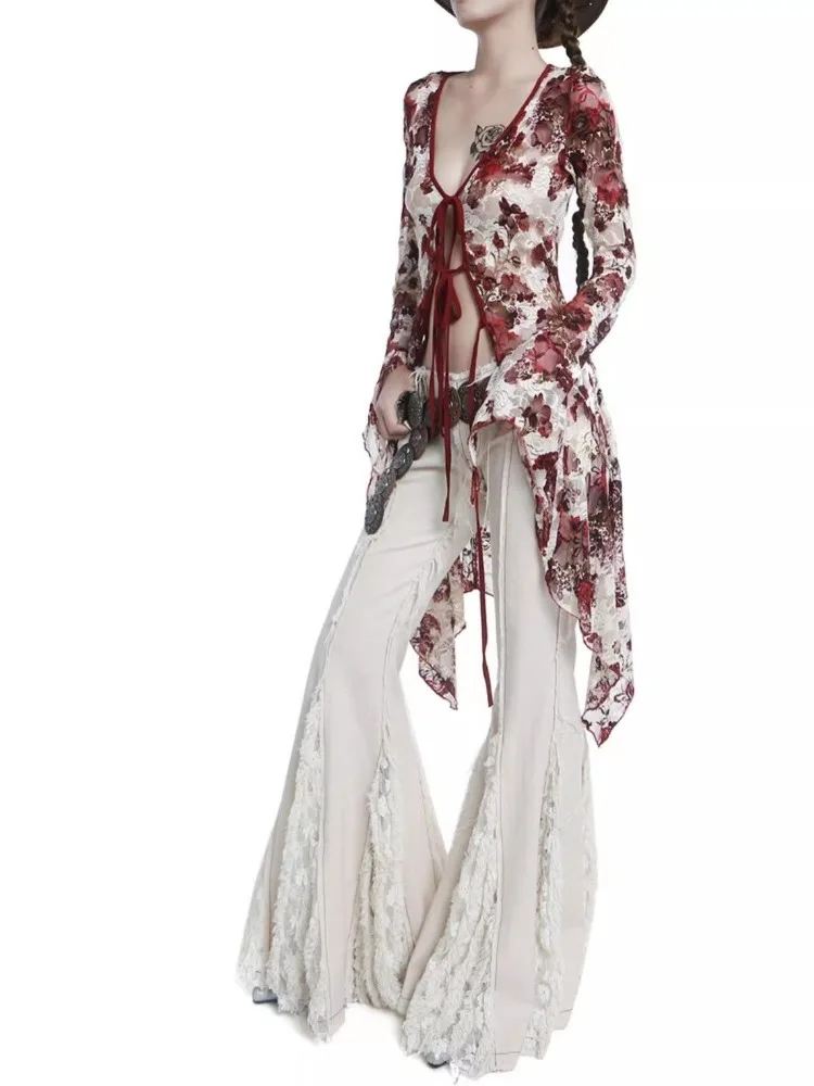 Vintage Gothic Flower Tie Dye Lace Shirts Women Y2k Sexy V-neck Slim Fit Up Blouses 2024 New Long Sleeve Cardigan Tops
