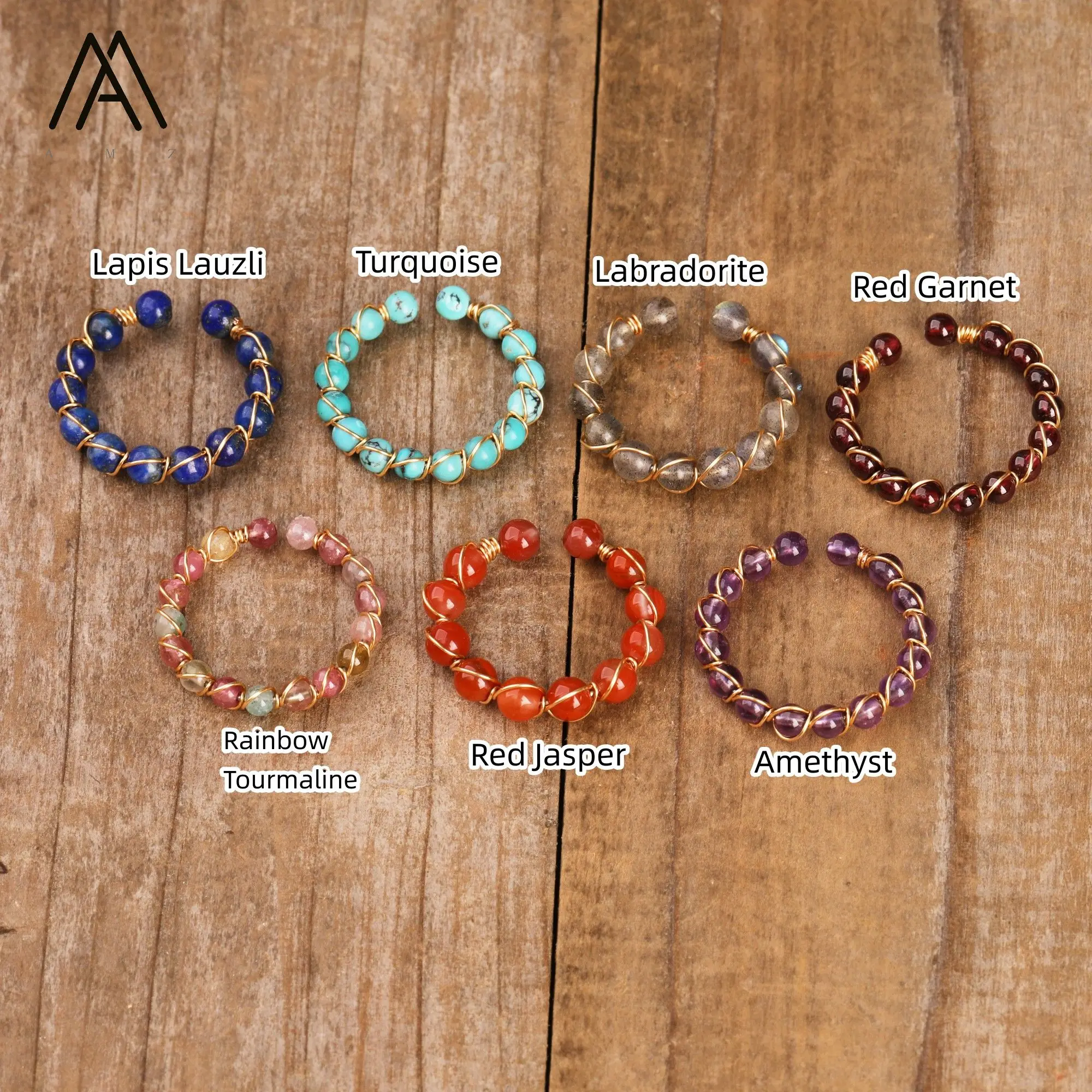 Metal Wire Natural Gemstone Beads Rings Women Lapis Rainbow Tourmaline Handmade Open Ring Designer Party Wedding Jewelry Gifts