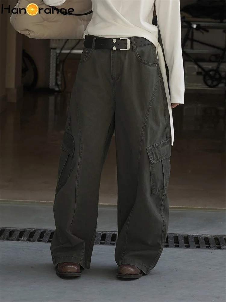 

HanOrange 2025 Autumn/Winter Fashion Splicing Arc Splitting Cargo Pants Women Pockets Belt Trousers Army Green/White Gray