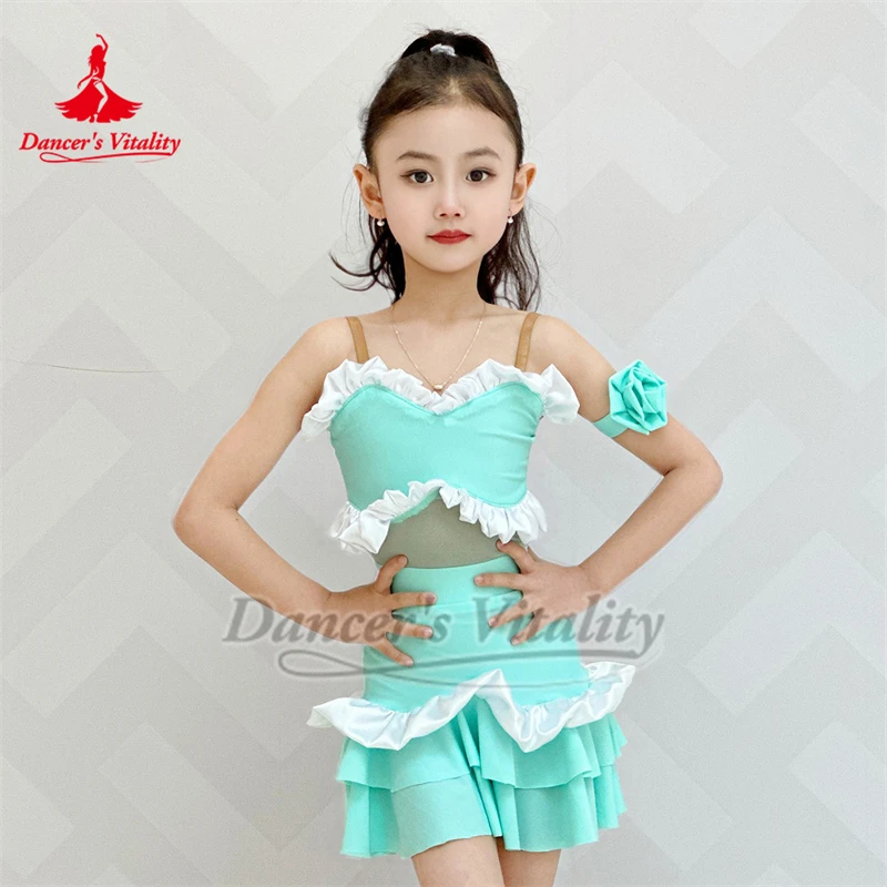 

Детский свежий мятно-зеленый костюм на бретельках для латинских танцев, витательность танцовщицы, чача, самба, румба, практика, купальник + юбка, комплект из 2 предметов