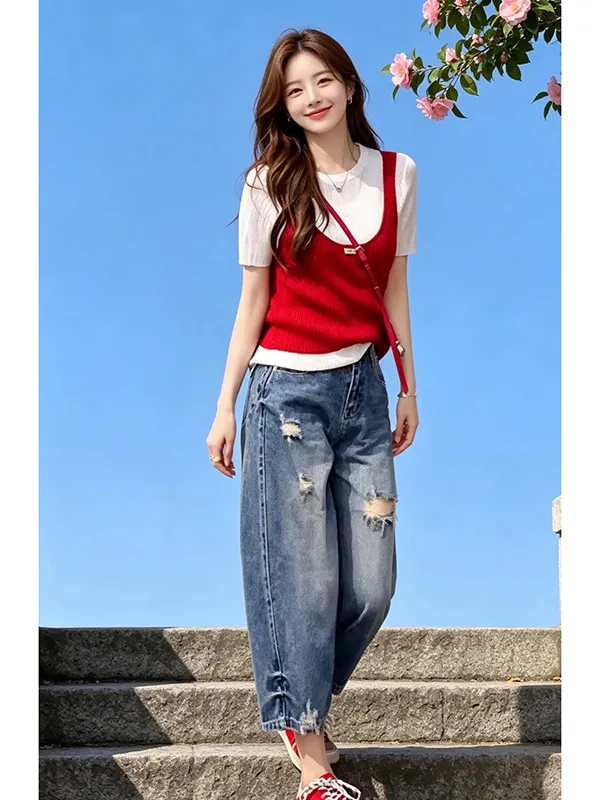 Conjunto de moda para mujer con pantalones vaqueros de manga corta y efecto adelgazante, temporada de verano, sin marca, origen chino, Nine Poin