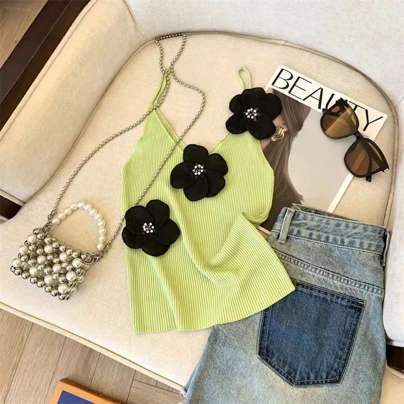 Youthful Camisole Vest for Women Fashionable and Irregular Bottoming Top Retro Three-dimensional Flower Off-shoulder Blouse