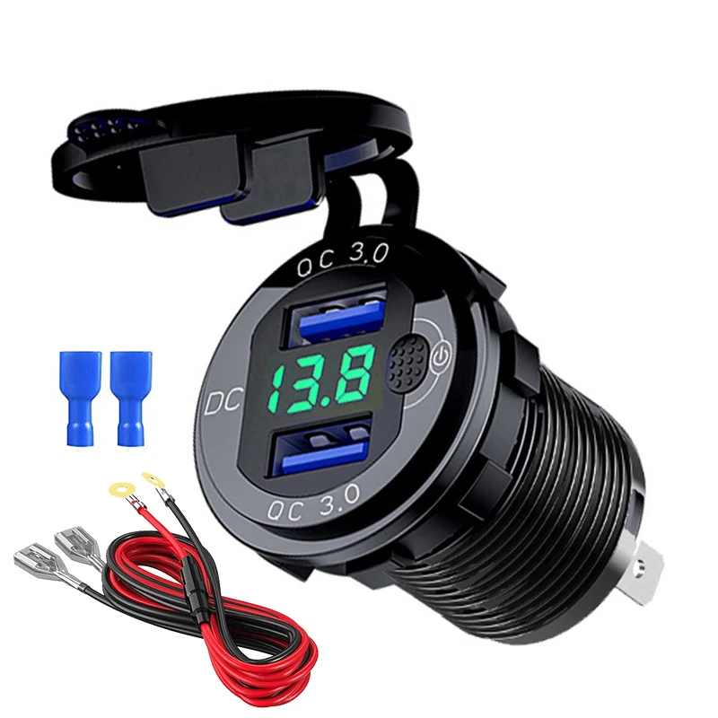 Snellader Aluminium QC3.0 Dual USB-autolader met schakelaarknop LED-spanningsweergave voor 12V / 24V auto's boten motorfiets