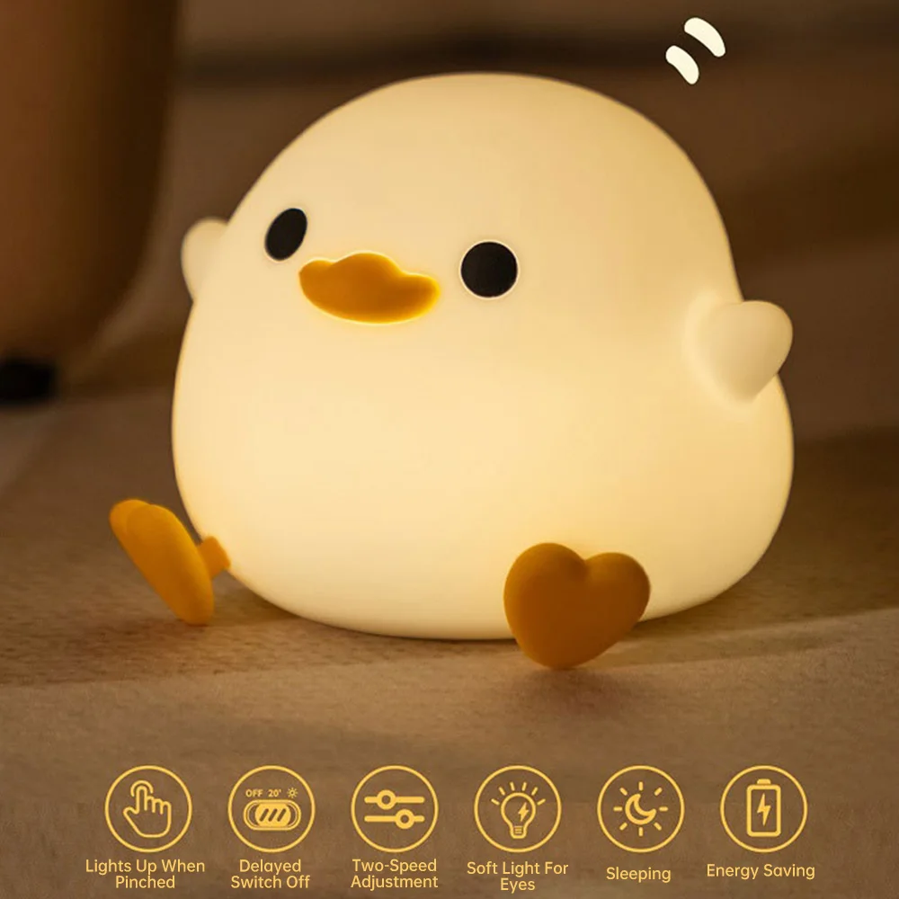 Desenhos animados Duck Touch Sensor Night Light, recarregável Pat, lâmpada de cabeceira LED, luz ambiente regulável para sala e quarto