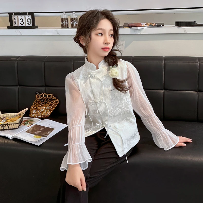 

chinese style teenager girls shirt design Retro Pan Button Chiffon pagoda sleeve Jacquard blouse 10 12 14 kids boutique clothes