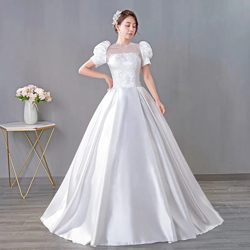 É Yiiya-vestidos de casamento de cetim branco, o-pescoço, mangas curtas inchado, andar de comprimento, princesa, Lace Up, Plus Size, noiva vestido de baile, XN156