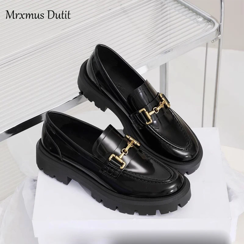 Mrxmus Dutit 2024 New Women Genuine Leather Round Head Thick Loafer Shallow Black Wild Casual Simple Slip-on Shoes Female Chic