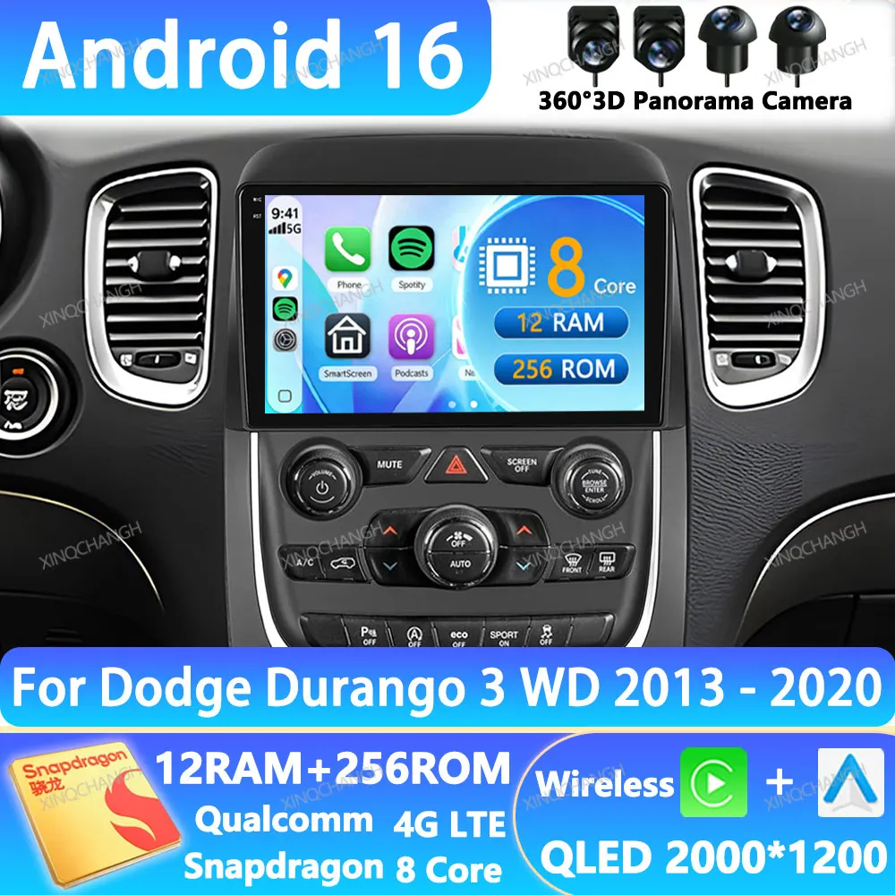 Radio para Auto Android 16 para Dodge Durango 3 WD 2013-2020, Reproductor Multimedia de Video, 4G WIFI, Qualcomm GPS, Unidad Principal 2DIN QLED BT
