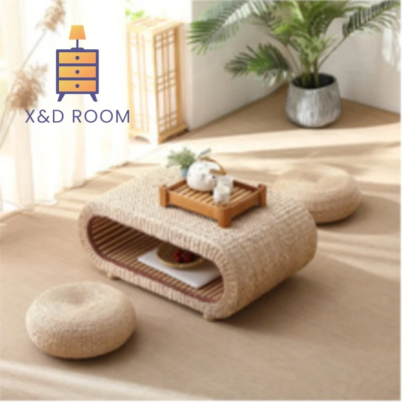 

X&D Grass Woven Tatami Tea Table Japanese Bay Window Table Small Tea Table Simple Balcony Low Table Platform Hot Sale New 2025