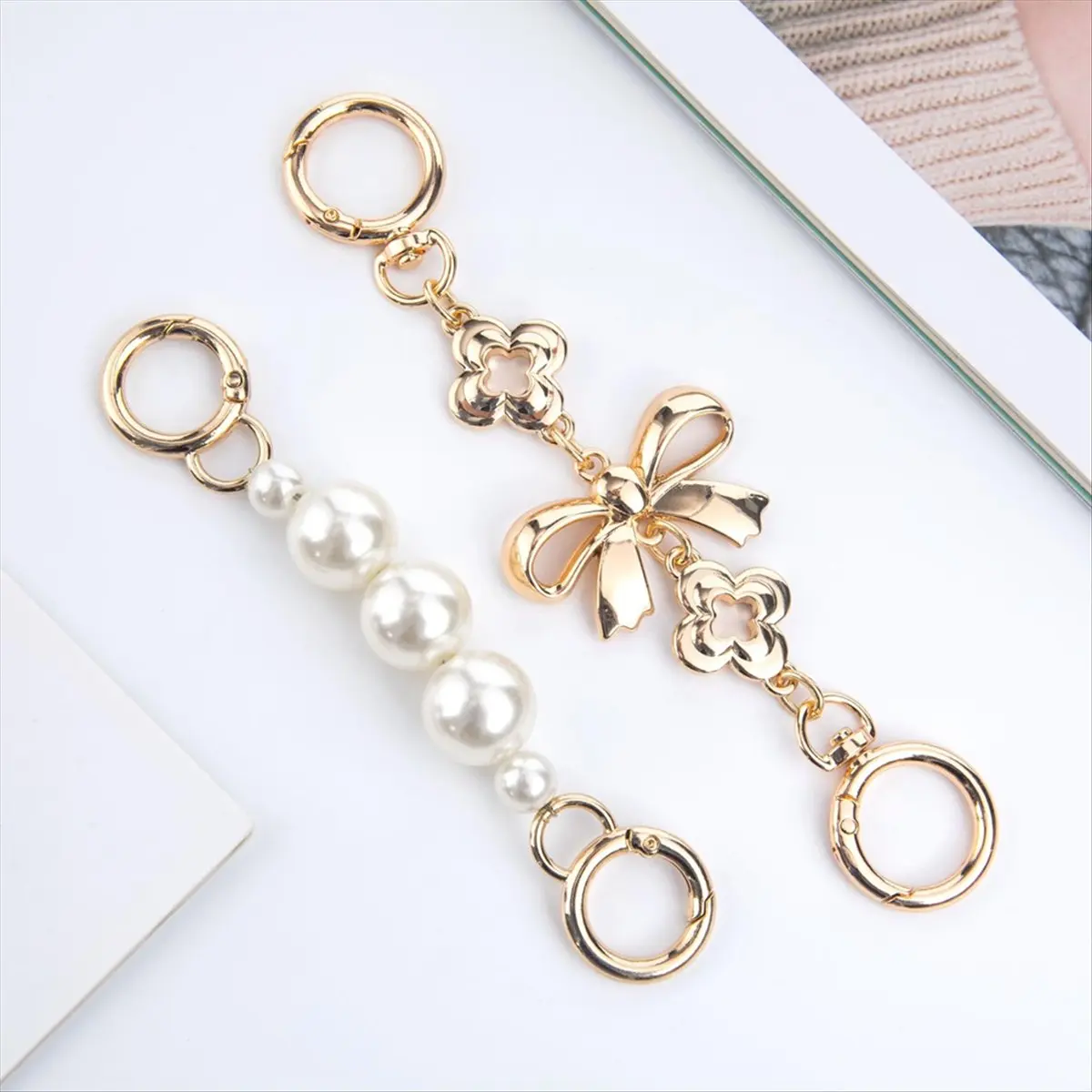 Top Sale 2 Pcs Gold Bow Bag Extender Chain, Metal Pearl Extender Chains, Bow Pattern Purse Strap Replacement,for Purses, Bags