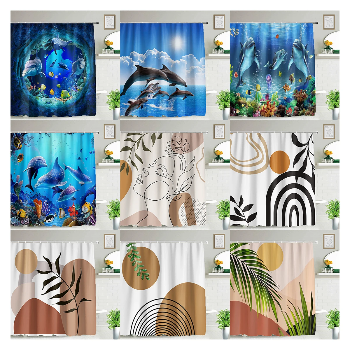 Bohemian Bathroom Shower Curtain Dolphin Ocean Theme Medieval Art Polyester Fabric Kids Bath Decor Set with 12 Hooks Cortinas