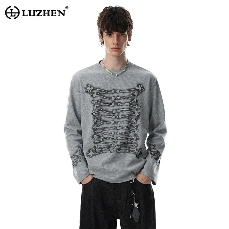 LUZHEN 2026 New Trendy Original Tie-dyed Line Long Sleeve T-shirts Men's High Quality Round Neck Elegant Casual Clothes JY8904