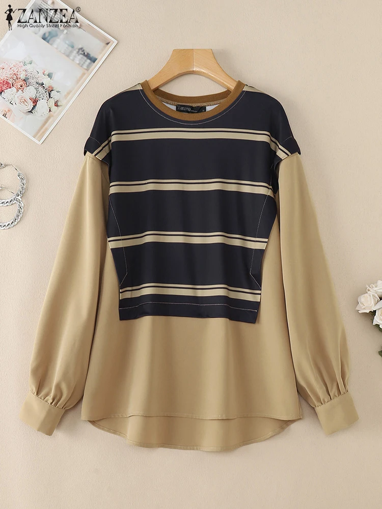 

ZANZEA повседневные полосатые лоскутные топы с круглым вырезом и рукавами-фонариками, свободные весенние блузки 2024, уличная мода, женские футболки