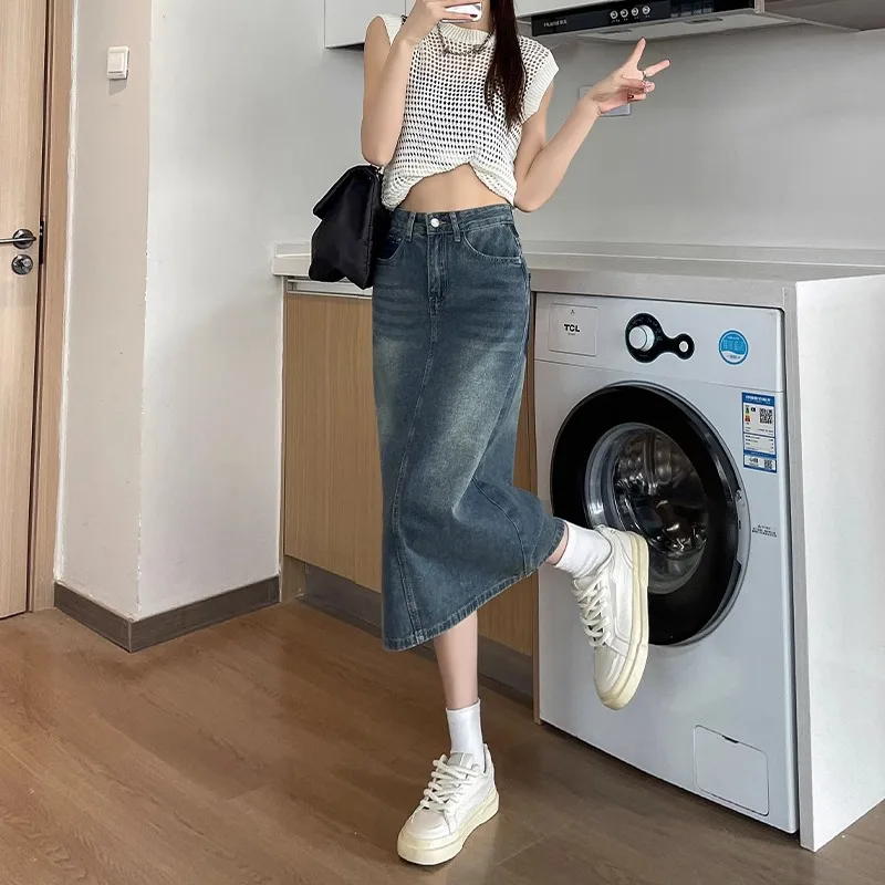 Spring Summer New Retro Color Block High Waist  Midi Denim Skirt Women's A-Line Sleeveless Vintage Style Commute Korean