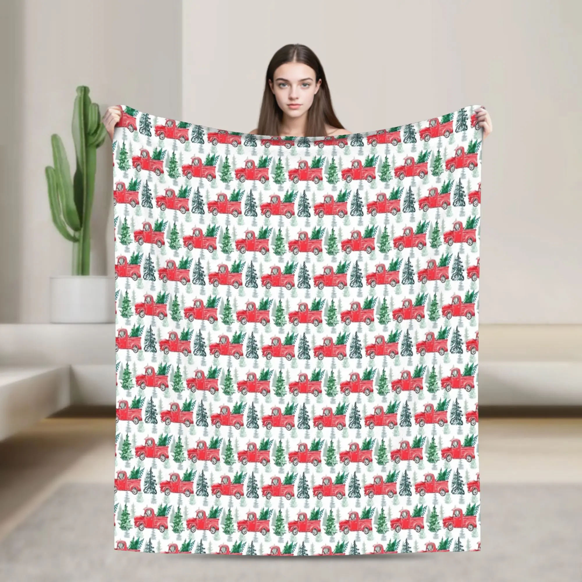 Christmas Red Truck And Pine Trees On White Background Blankets Quality Super Warm Throw Blanket Autumn Travel Novelty Bedspread