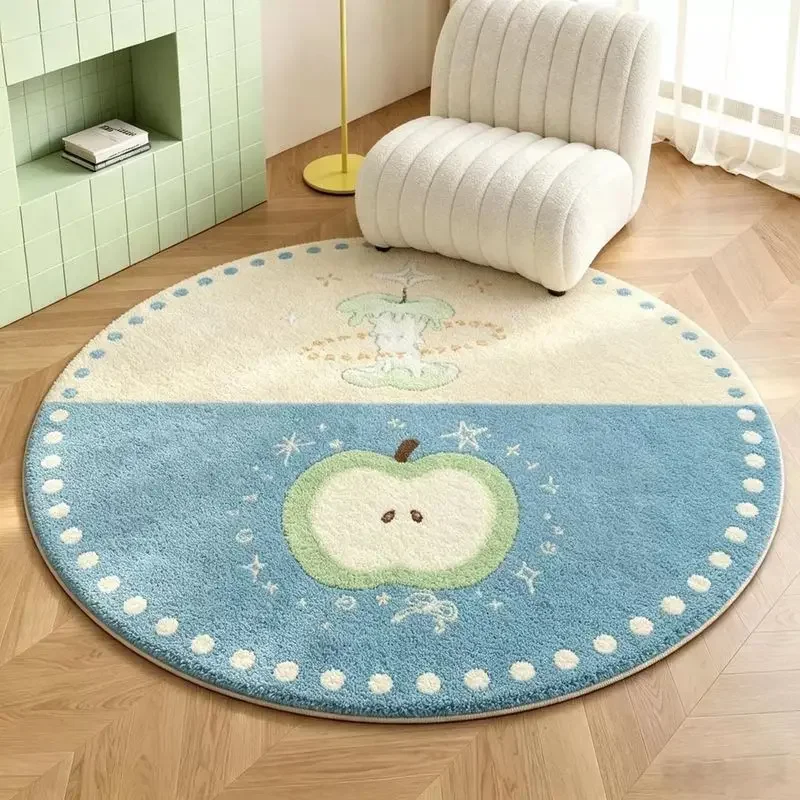 VIKAMA Blue White Cute Apple Pattern Round Rug Kawaii Fruit Soft Floor Mat Kids Bedroom Home Decor Accent Durable Cozy Aesthetic