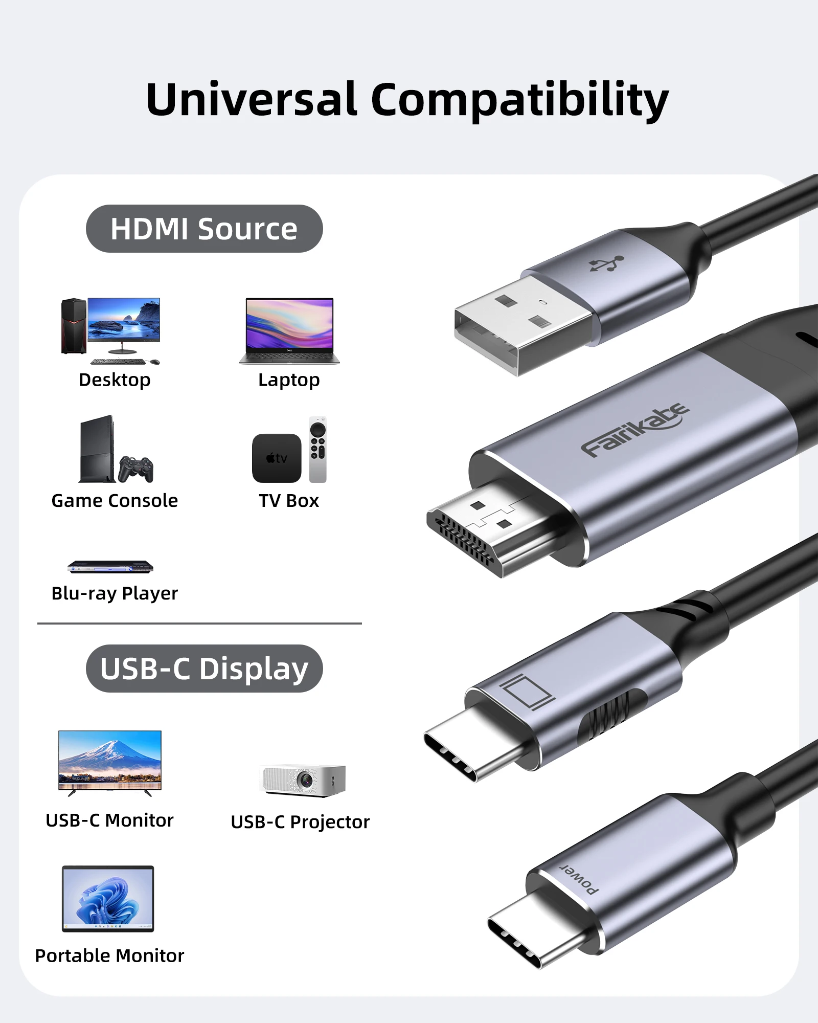 Fairikabe HDMI To USB C Adaptor Cable 8.2FT 4K 60Hz With Power Supply To USB C Display Converter For Xbox PS5 Xreal MonitorNreal