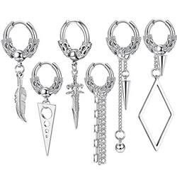 Stainless Steel Huggie Hoop Dangle Earrings Punk Hip Hop Vintage Feather Cross Spike Sword Triangle Drop Earrings for Men Wome