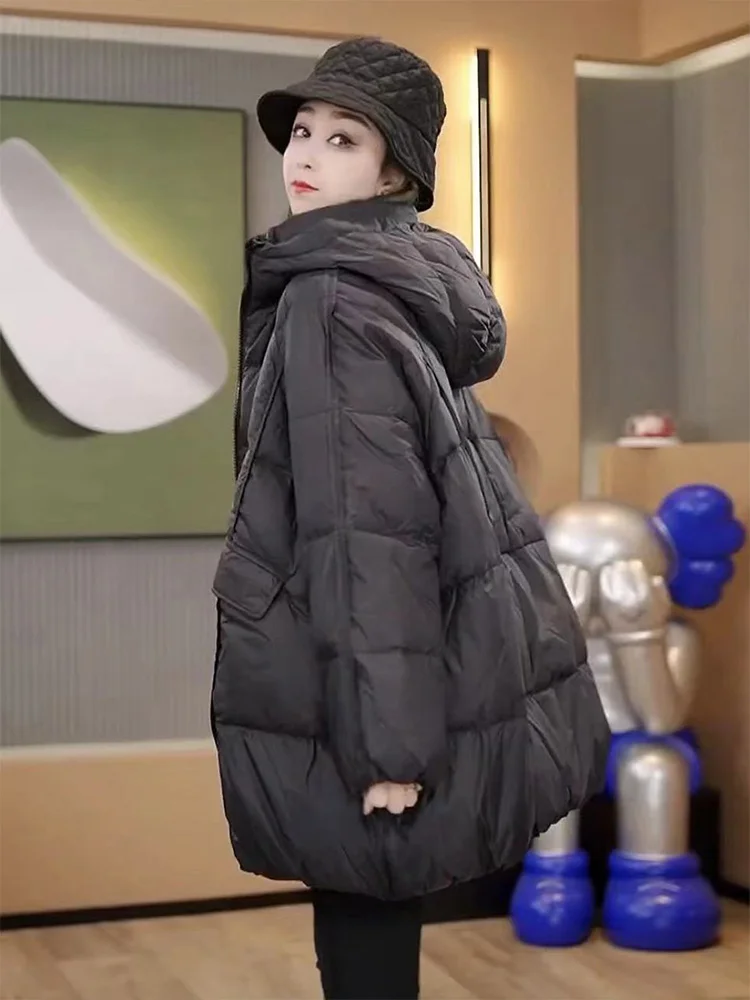 

Женская удлиненная пуховая куртка из хлопка, зима 2024, теплая, повседневная, больших размеров, с капюшоном, на молнии, с длинными рукавами