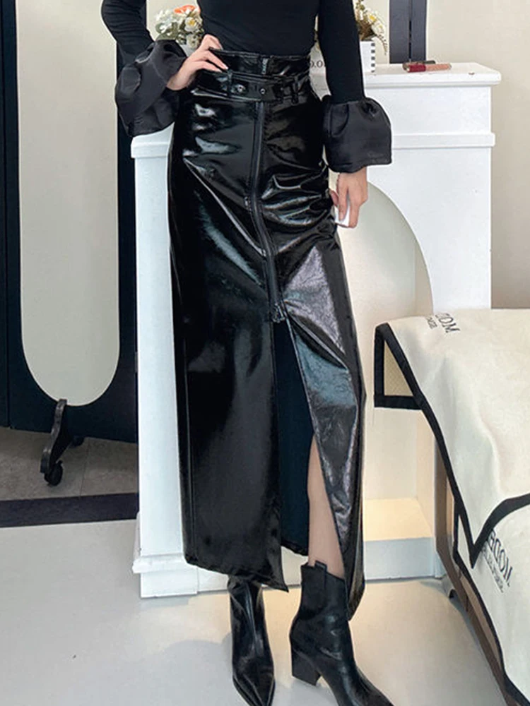  High Waist PU Leather Zipper Split Half-length Skirt for Women Autumn plus Size Fashionable Commute Korean Style