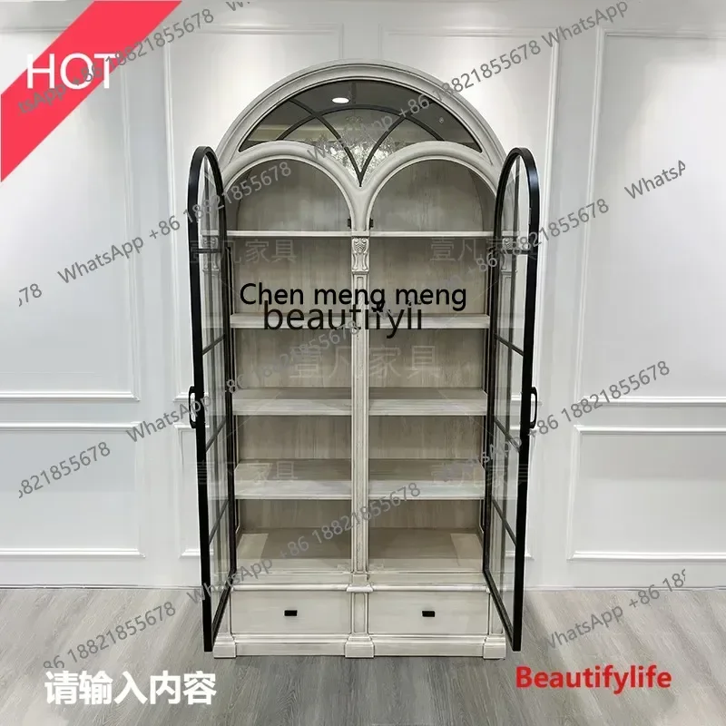 cn8350 ss American art architecture revival arched wine cabinet French solid wood retro old semi-circular glass door dining side