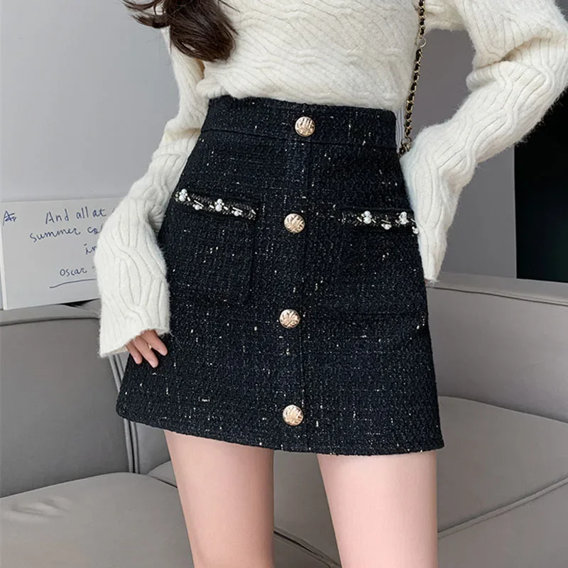 

Women Elegant Mini Skirt Harajuku Slim Office Lady Pockets Golden Buttons Pencil Skirt Autumn Winter O360 Woolen Tweed Skirts