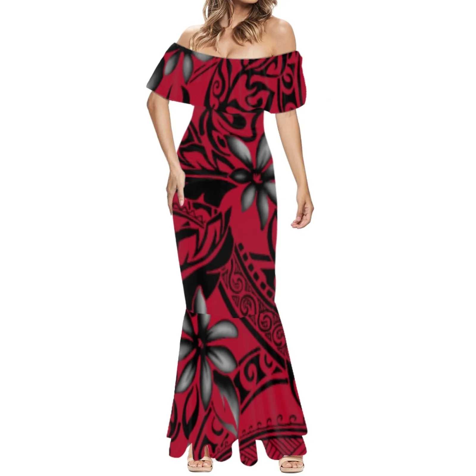 Stylish Strapless Women's Wear Strapless Suits Parties And Formal Occasions Summer Hibiscus  Print Samoa Elegant Party Dress